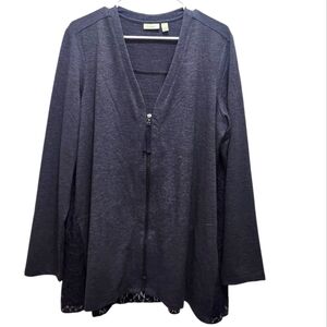 LOGO Lounge Lori Goldstein Navy Gray y Lace Overlay Back Cardigan Size XL Comfy